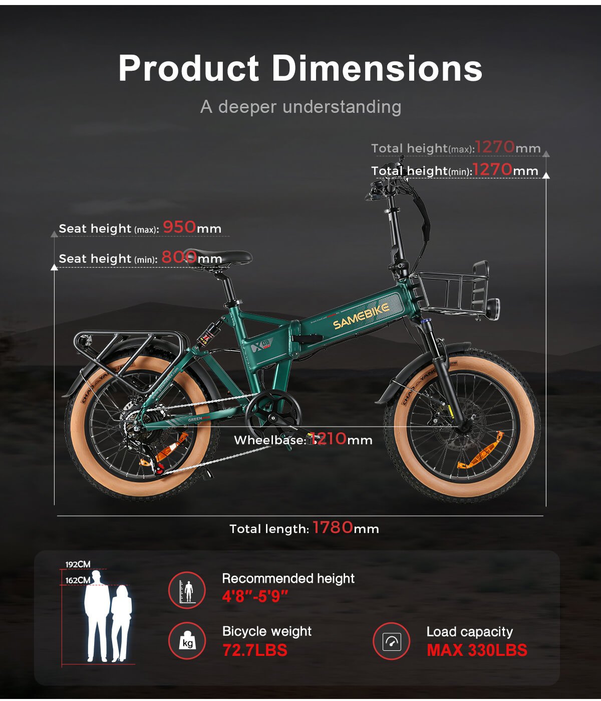 Revolutionary SAMEBIKE 1000W Folding Ebike – 48V 15Ah Fat Tire for Off-Road Thrills 8 SAMEBIKE 1000W Folding Ebike product dimension