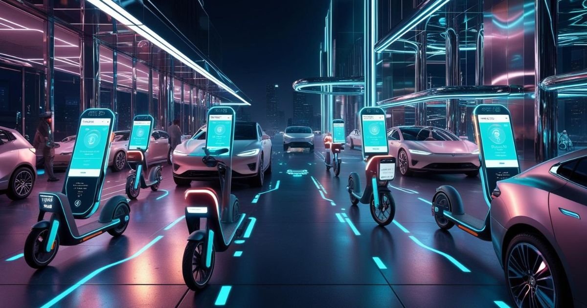 Futuristic electric vehicles showcasing connected mobility and smart features in an advanced urban setting.