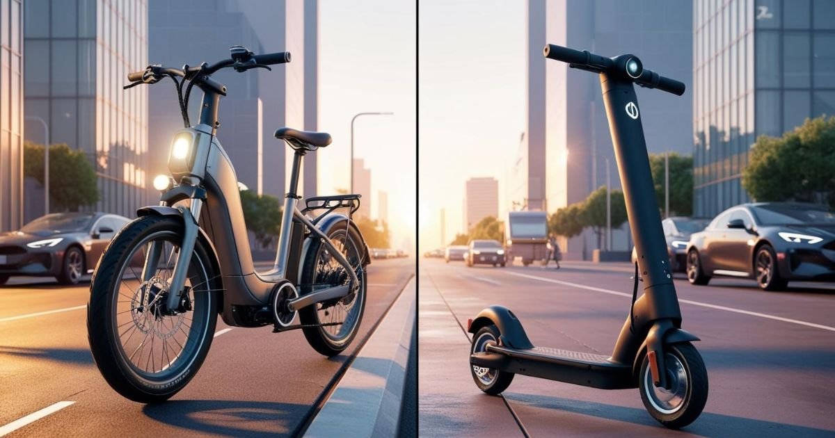 Side-by-side comparison of a sleek e-bike and a modern e-scooter in an urban setting, showcasing their distinct features.