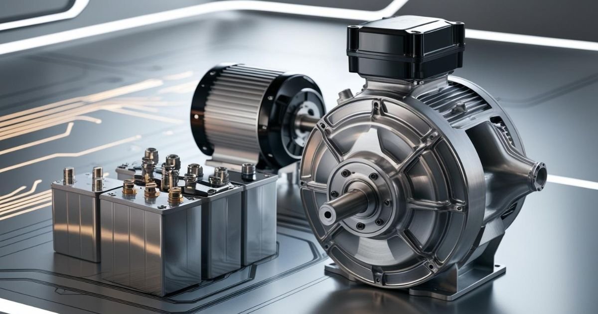 Close-up of an advanced electric battery and motor system showcasing the latest technological innovations.