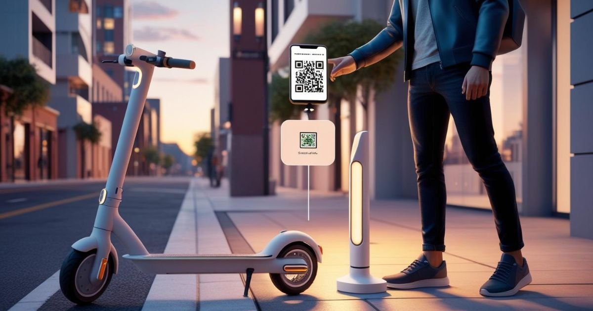 Person unlocking an electric scooter via smartphone app as part of a subscription mobility service